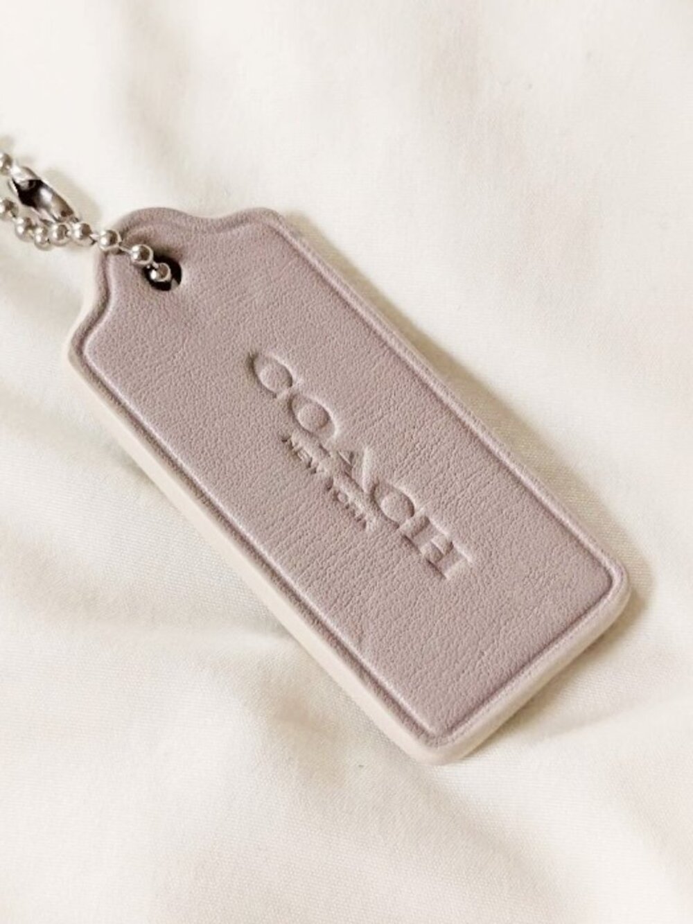 Coach Hang Tag 2.375" Charm Modern Glovetanned Leather Putty Light Grey Taupe